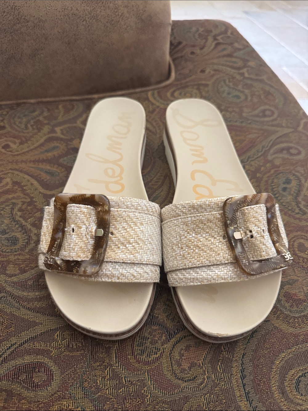 Sam Edelman Ariane Beige Woven Slide Sandals with Brown Tortoiseshell Buckles